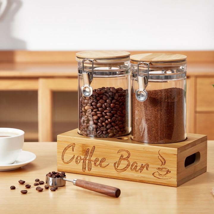 Coffee Canister Set with Shelf, 2 x 50oz Coffee Bean Canister Storage Station Organizer with Airtight Lid