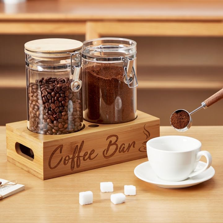 Coffee Canister Set with Shelf, 2 x 50oz Coffee Bean Canister Storage Station Organizer with Airtight Lid
