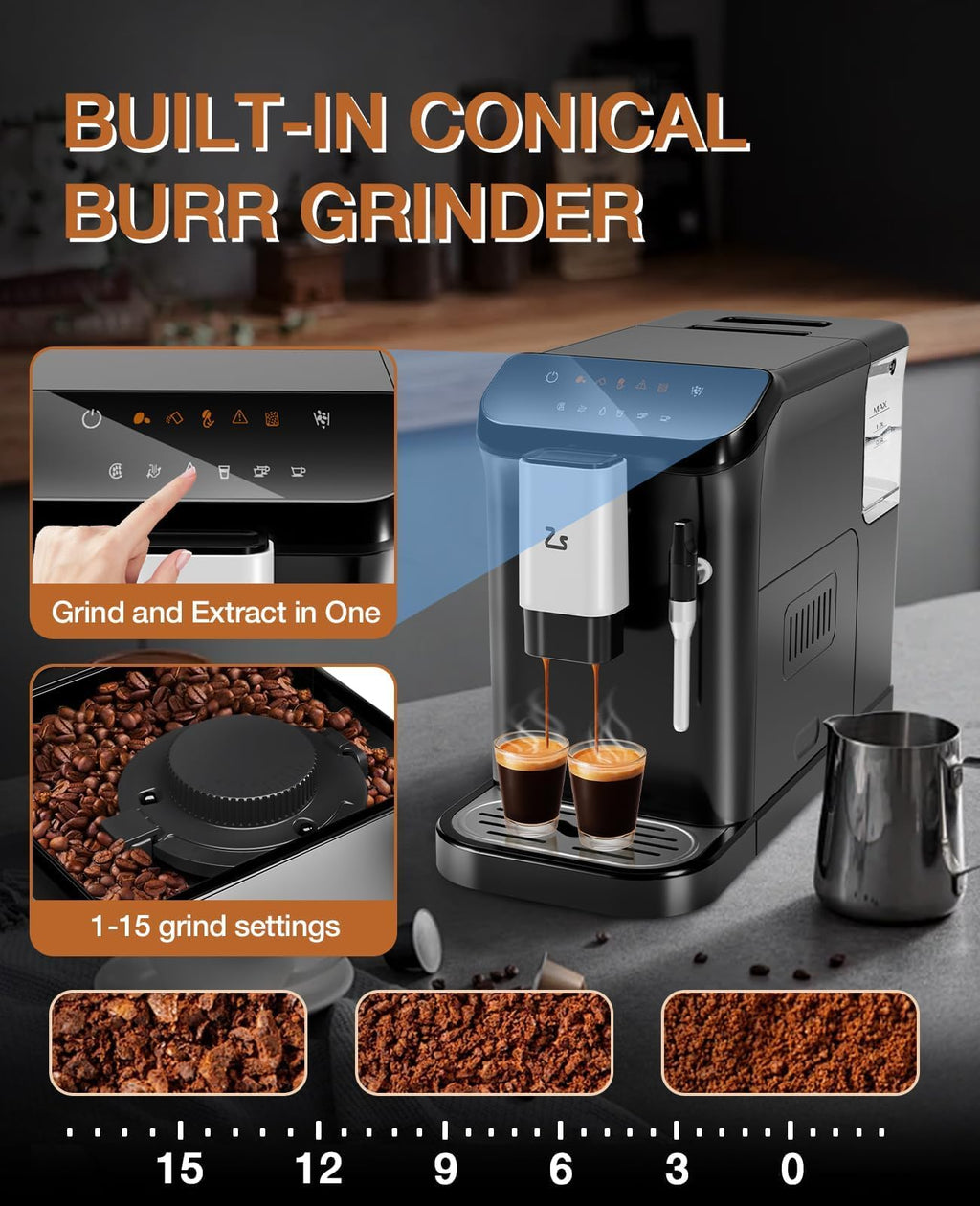 PeakPursuit Super-Automatic Espresso Machine, Grinder and Milk Frother, 20 Bar Pressure, Touchscreen Coffee Maker, 1.5L Removable Water Tank, One-Touch Cappuccino & Latte, Black