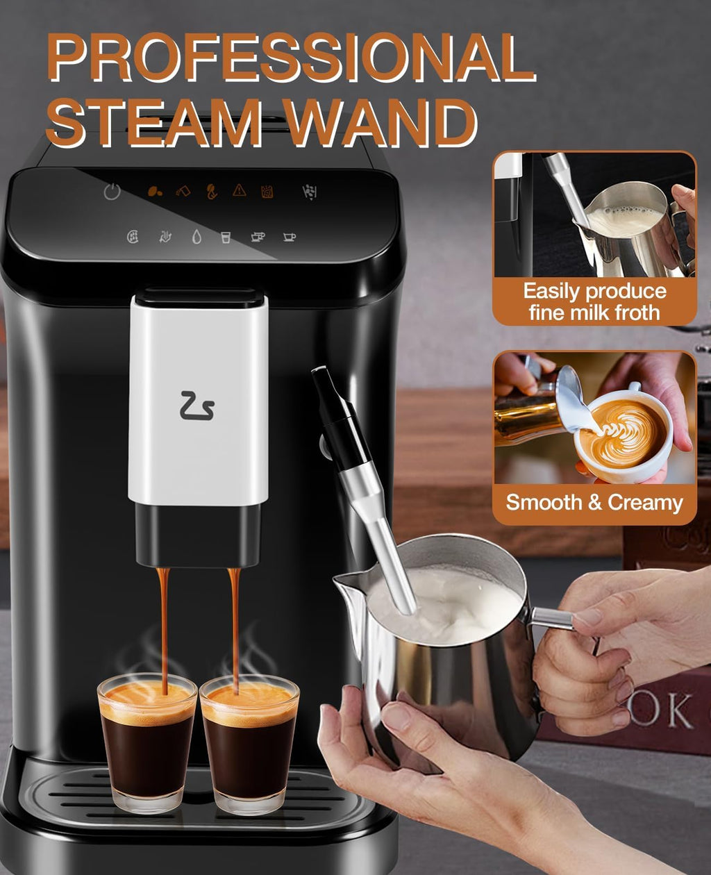 PeakPursuit Super-Automatic Espresso Machine, Grinder and Milk Frother, 20 Bar Pressure, Touchscreen Coffee Maker, 1.5L Removable Water Tank, One-Touch Cappuccino & Latte, Black