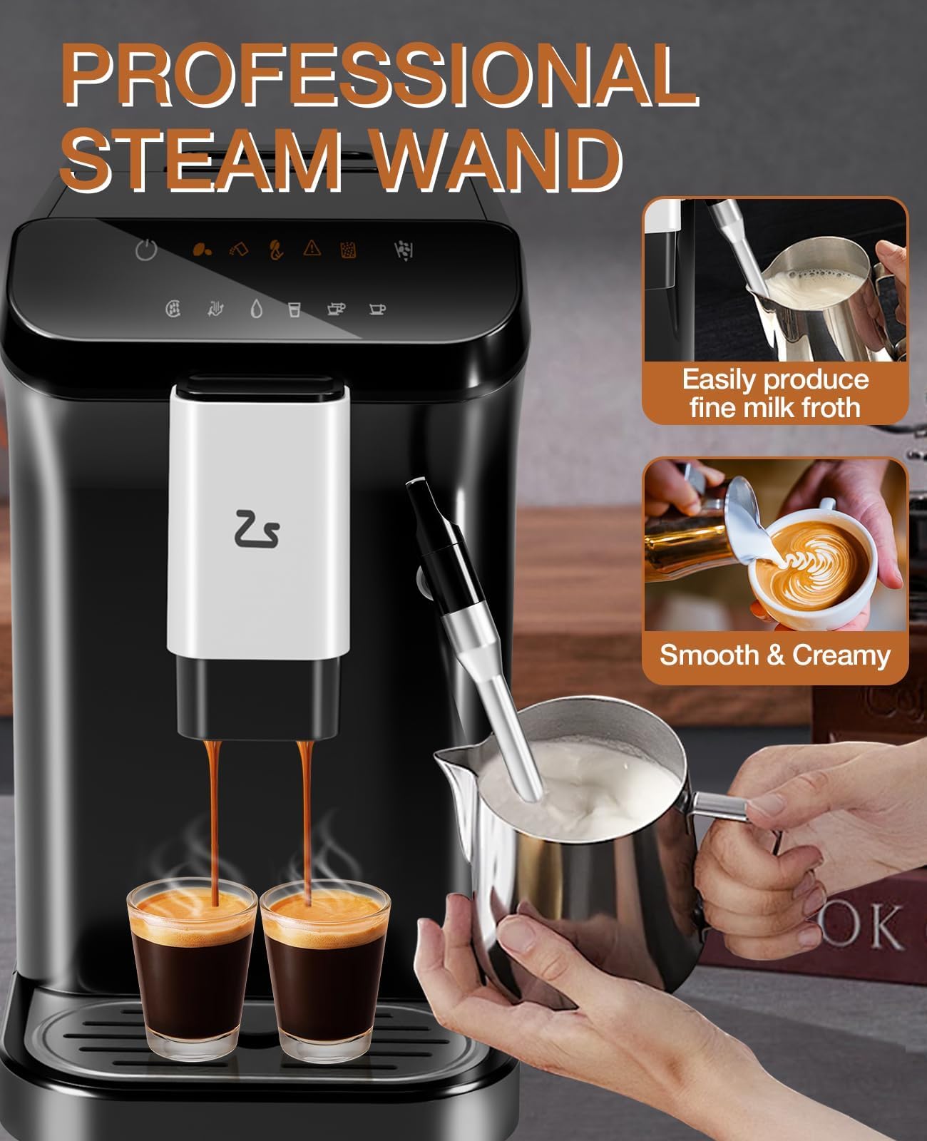 PeakPursuit Super-Automatic Espresso Machine, Grinder and Milk Frother, 20 Bar Pressure, Touchscreen Coffee Maker, 1.5L Removable Water Tank, One-Touch Cappuccino & Latte, Black