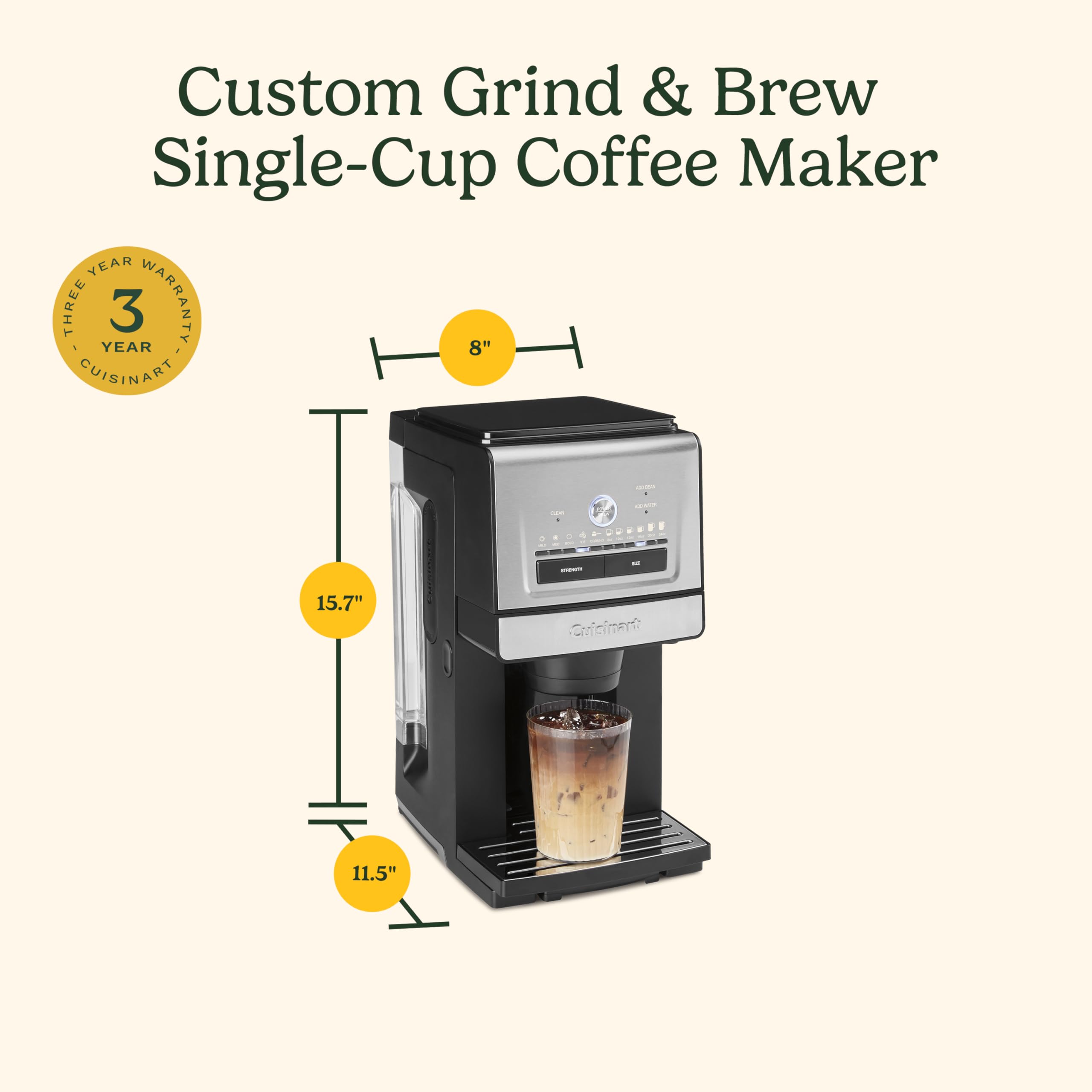 Cuisinart Coffee Maker, Custom Grind and Brew Single Cup Coffee Maker, 6 Cup Sizes, Built-in Stainless Steel Burr Mill, Adjustable Strength, Grind Control and Over Ice Feature