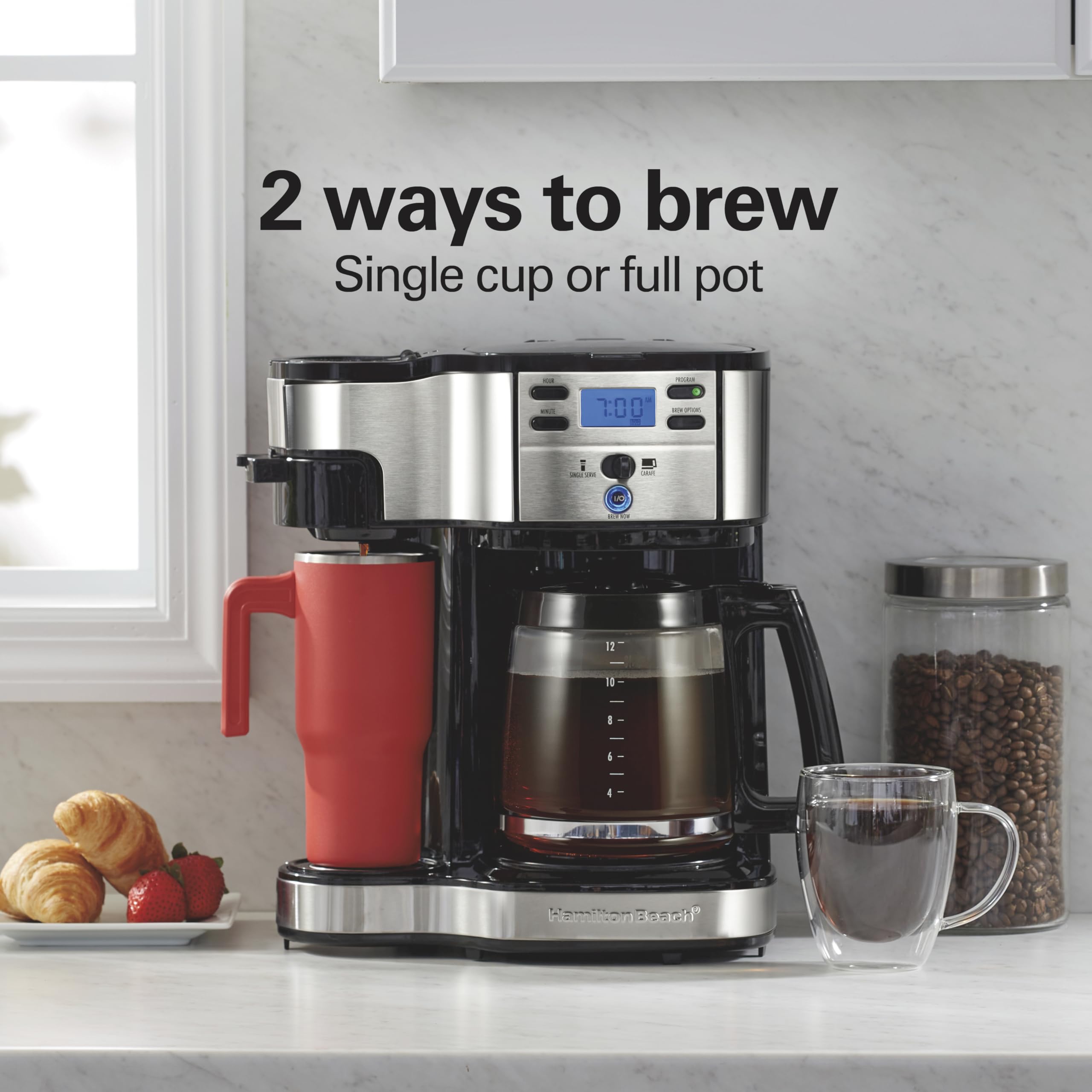 Hamilton Beach 2-Way Programmable Coffee Maker, 12 Cup Glass Carafe And Single Serve Coffee Maker