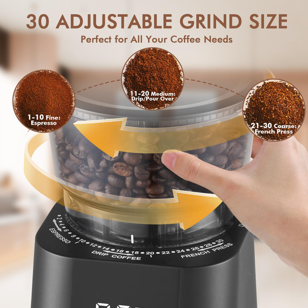 Burr Coffee Grinder Electric, Adjustable Burr Mill with 30 Grinding Settings