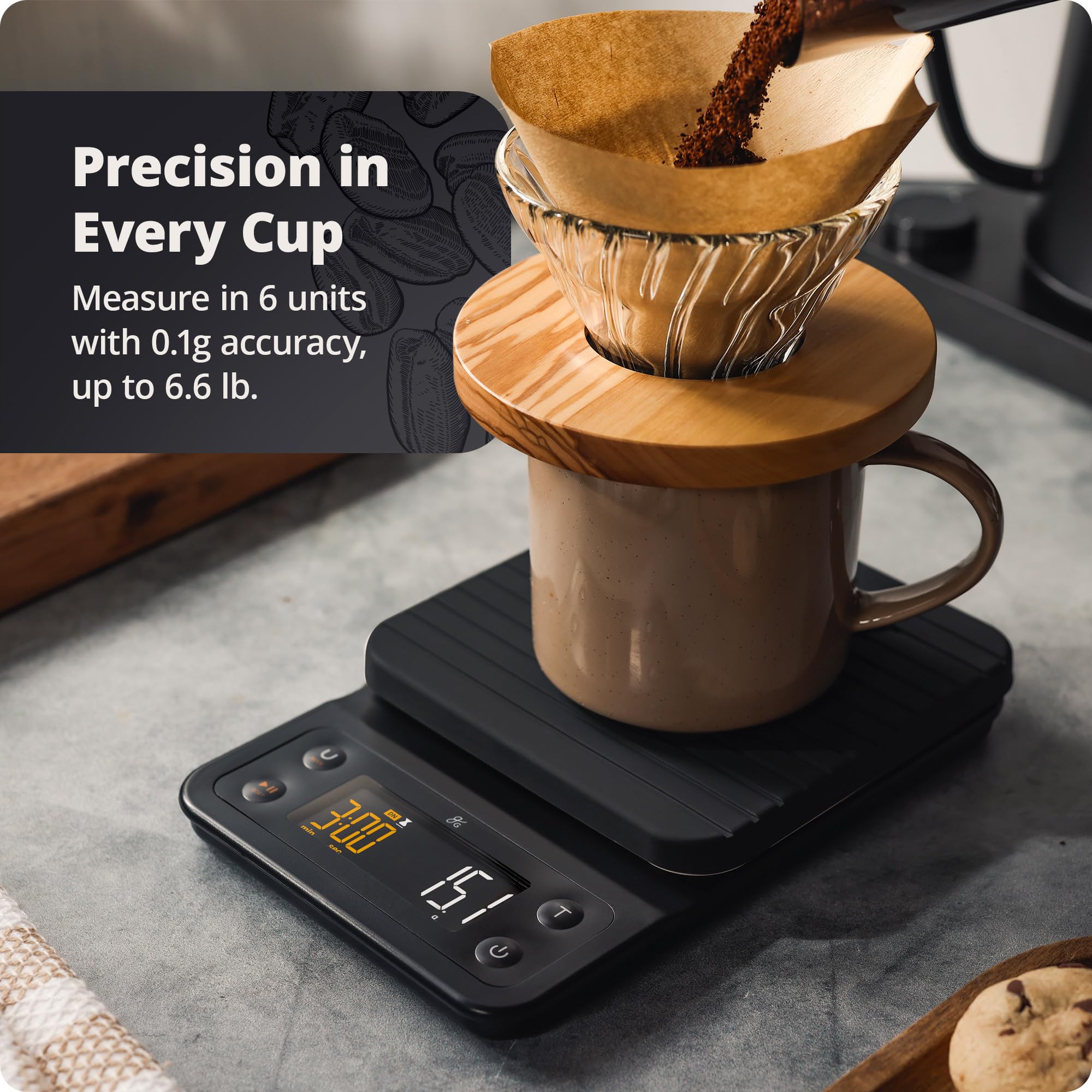 Greater Goods Digital Coffee Scale with Timer – Accurate 0.1g Precision, Multi-Color Display, Waterproof & Heat-Resistant Cover, for Pour-Over, Espresso, & French Press